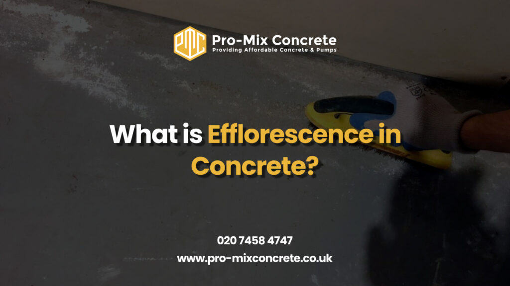 Pro-Mix Concrete banner with text 'What is Efflorescence in Concrete?' and contact info 'www.pro-mixconcrete.co.uk 02074585447' over a concrete surface background.