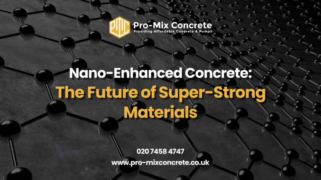 Pro-Mix Concrete promotional banner highlighting nano-enhanced concrete with a molecular structure background and text about the future of super-strong materials.
