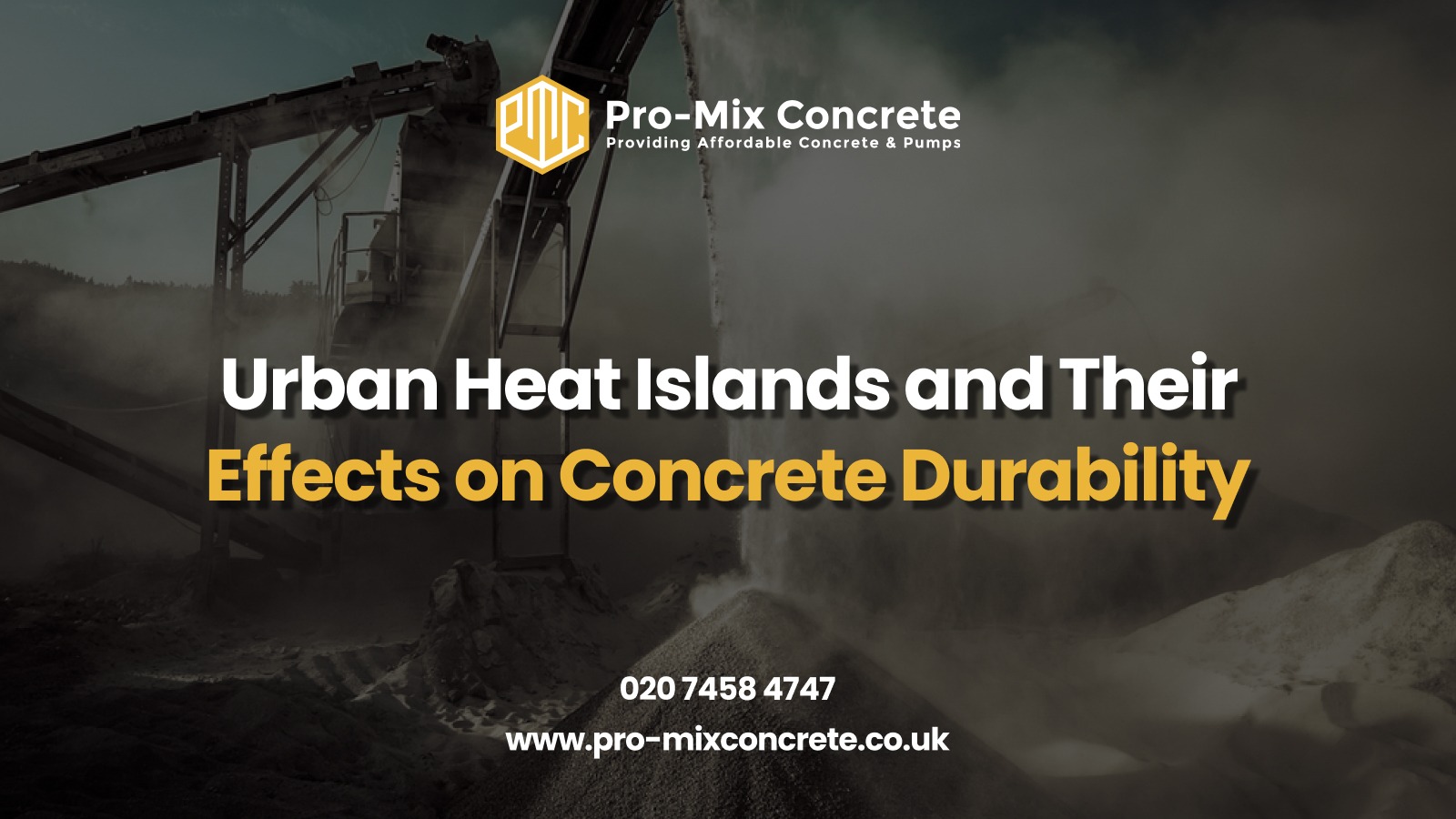 A promotional graphic by Pro-Mix Concrete, featuring a background image of a concrete processing site with dust and industrial equipment.