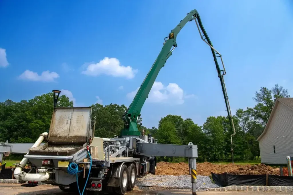 A green concrete pump truck at a construction site with its boom extended, surrounded by trees and a house in the background.