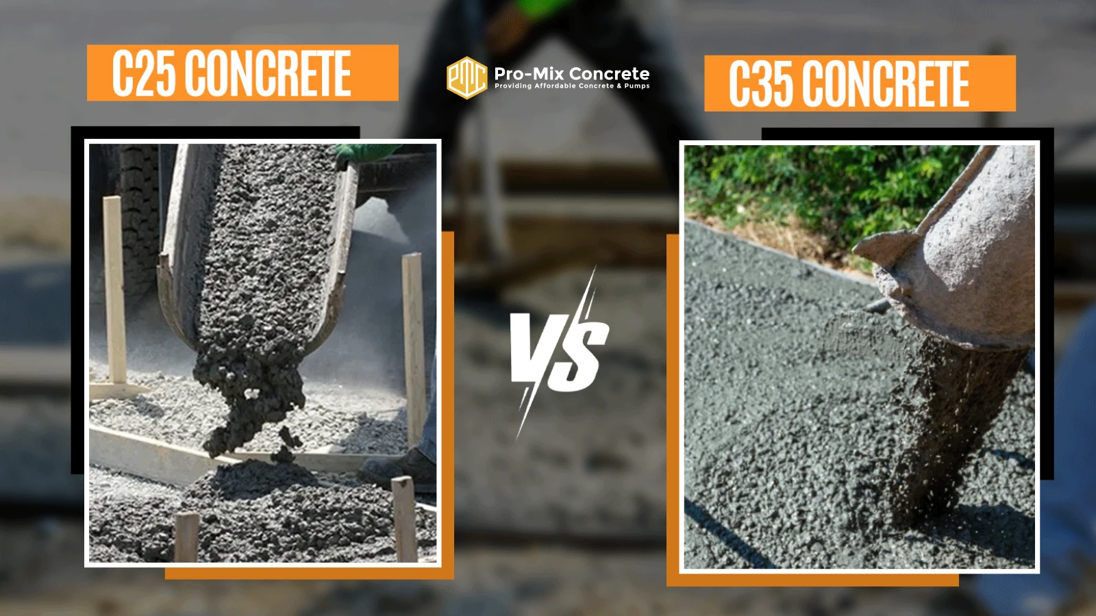 A split image comparing C25 and C35 concrete: the left side shows C25 concrete pouring from a chute onto a construction site, labeled "C25 CONCRETE"; the right side shows C35 concrete pouring from a chute, labeled "C35 CONCRETE." The Pro-Mix Concrete logo with "Providing Affordable Concrete & Pumps" is at the top center, with "VS" in the middle.