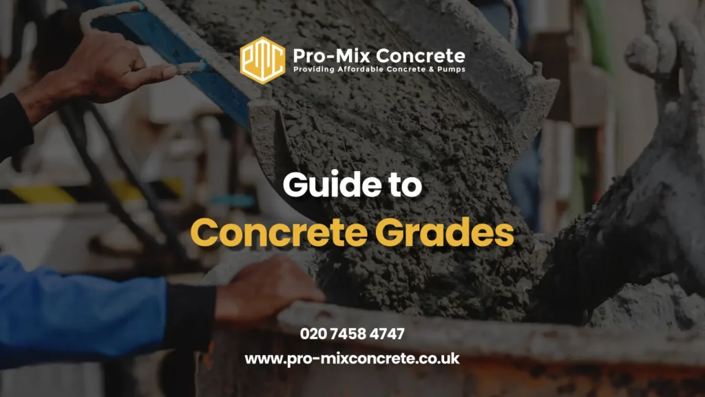 A construction worker's hand adjusts a rebar in wet concrete, with the background showing a concrete pour in progress. Overlaid text reads: "Pro-Mix Concrete: Providing Affordable Concrete & Pumps. Guide to Concrete Grades. 020 7458 4747. www.pro-mixconcrete.co.uk." The Pro-Mix Concrete logo is in the top left corner.