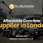 A construction site with a concrete pump truck and scaffolding on a building, featuring the Pro-Mix Concrete logo, the text "Affordable Concrete Supplier in London" in white and yellow, phone number 020 7458 4747, and website www.pro-mixconcrete.co.uk.
