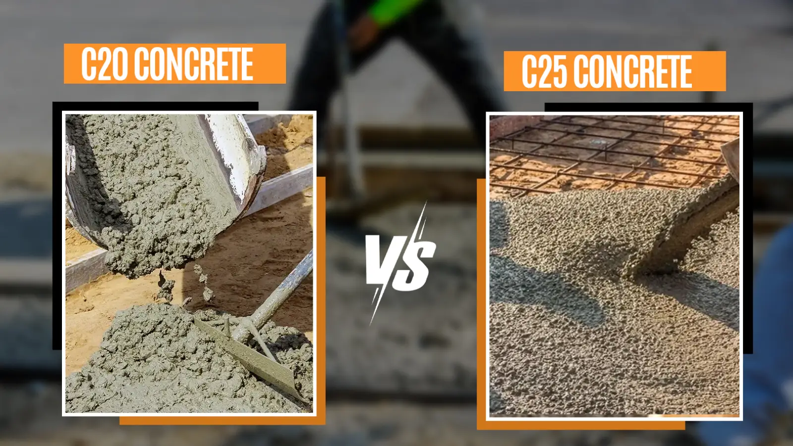 A comparison image featuring C20 Concrete on the left, showing wet concrete being poured with a shovel, and C25 Concrete on the right, showing concrete being applied over rebar, with a "VS" symbol in the center, all framed with orange borders.