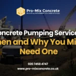 A construction site at dusk with a concrete pump truck and workers in safety gear, featuring the Pro-Mix Concrete logo, the text "Concrete Pumping Services: When and Why You Might Need One" in white and yellow, phone number 020 7458 4747, and website www.pro-mixconcrete.co.uk.