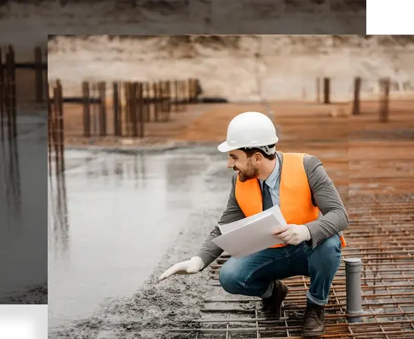 construction worker checking the quality and the accuracy of the concrete mixing on the site.
