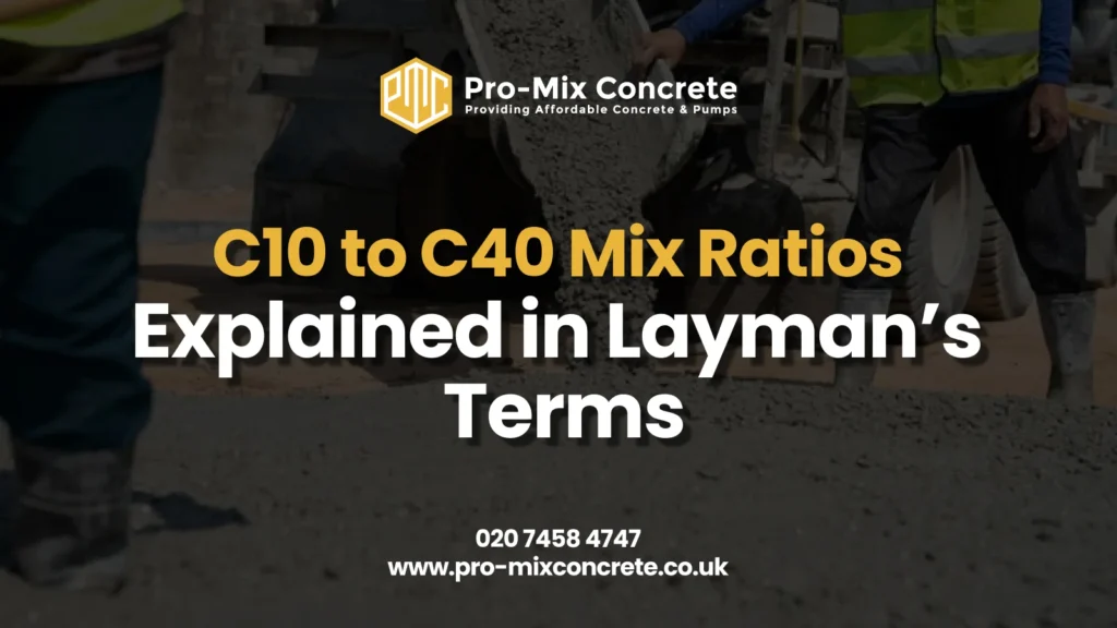 A dark, overlaid image of a concrete truck pouring concrete on a construction site, with two workers standing nearby. The title "C10 to C40 Mix Ratios Explained in Layman’s Terms" is prominently displayed in the center.