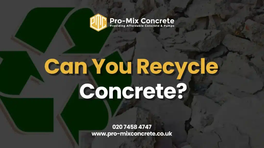 A blurred image of a large pile of broken concrete rubble. In the foreground, a recycling symbol is partially visible, with the text "Can You Recycle Concrete?" overlaid on the image.