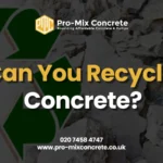 A blurred image of a large pile of broken concrete rubble. In the foreground, a recycling symbol is partially visible, with the text "Can You Recycle Concrete?" overlaid on the image.