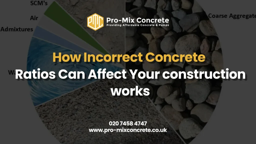 A large pie chart shows the components of concrete, including water, air, SCMs, admixtures, coarse aggregate, and sand. The title "How Incorrect Concrete Ratios Can Affect Your construction works" is overlaid on top of the chart.