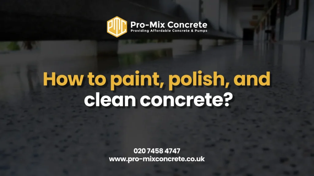 A low-angle, blurred shot of a polished concrete floor with a speckled pattern. The overlaid text reads "How to paint, polish, and clean concrete?".