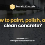A low-angle, blurred shot of a polished concrete floor with a speckled pattern. The overlaid text reads "How to paint, polish, and clean concrete?".