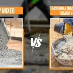 A comparison image with "Ready Mixed" on the left and "Traditional Sand & Cement Mix On-Site" on the right, showing a concrete truck pouring ready-mix concrete on one side and a person manually mixing sand and cement with water in a large pan on the other.