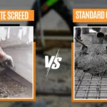 Comparison of Concrete Screed (smoothing fine cement layer) versus Standard Concrete (pouring coarse aggregate mix over rebar).