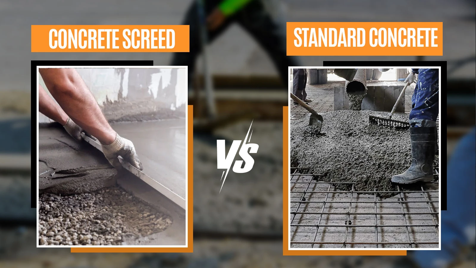 Comparison of Concrete Screed (smoothing fine cement layer) versus Standard Concrete (pouring coarse aggregate mix over rebar).